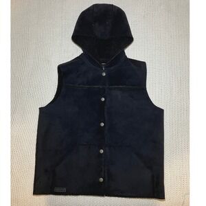 Lauren Ralph Lauren Size Medium Black Faux Suede Hooded Sherpa Lined Snap Vest